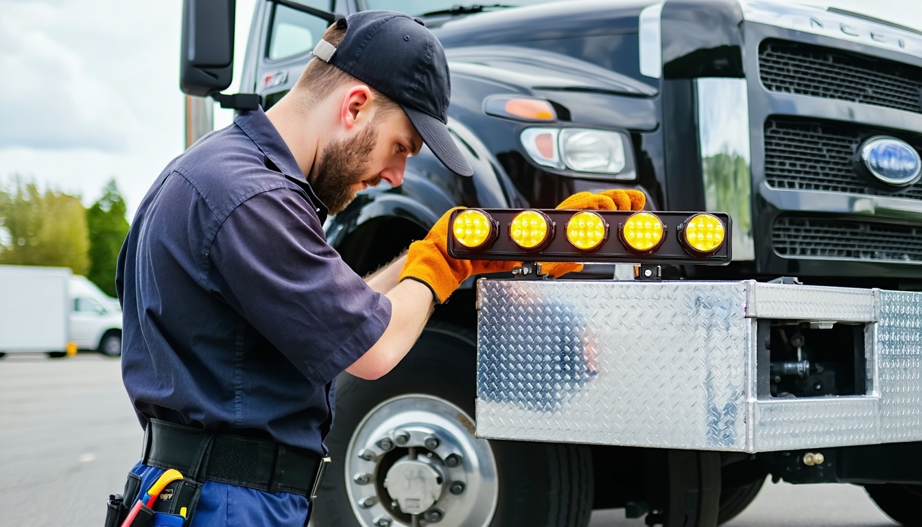 Technician repairing a tow light bar for a tow truck