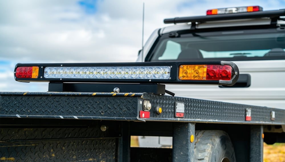 Tow light bar attached to a tow truck